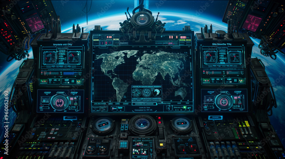 Fototapeta premium A high-tech space command center showing a world map and data on multiple screens, with Earth visible in the background