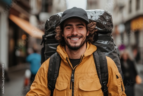 A beaming man with curly hair and a hat, dressed in a yellow jacket, carrying a black backpack, posed against a busy street with shops and people. photo