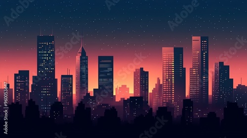 Silhouette of a City Skyline at Sunset with Stars in the Night Sky