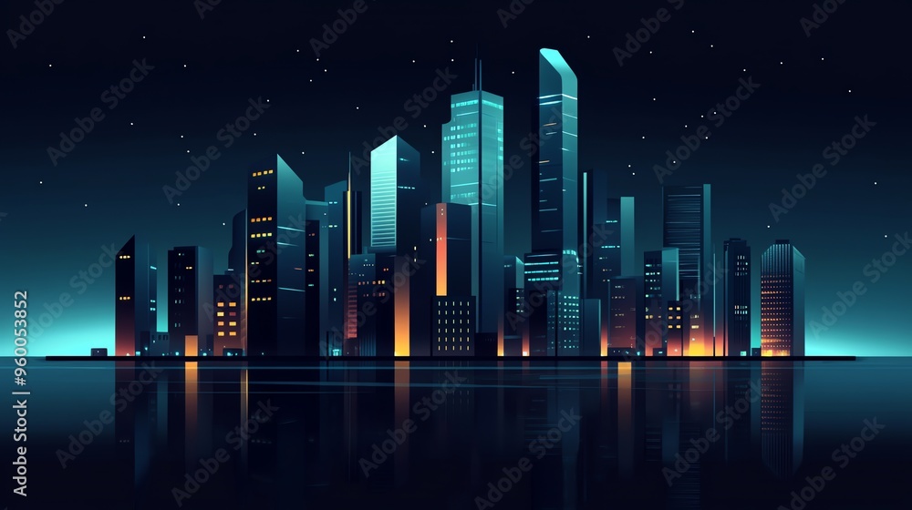 Nighttime City Skyline with Reflections in Water Nighttime City Skyline with Reflections in Water