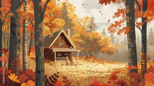 Cozy Cabin in an Autumn Forest at Sunset