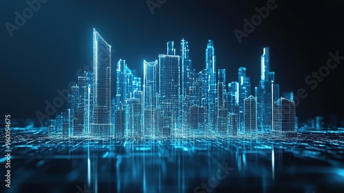 Futuristic blue cityscape with digital skyscrapers.