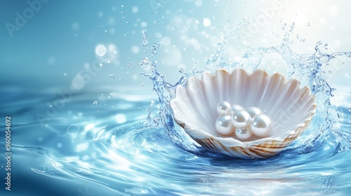 Pearl cosmetics, scallop shell podium, blue water splashes and white pearls on wave ripple. Vector elegant display blending beauty of pearls and sea, captivating showcase for natural cosmetic products photo