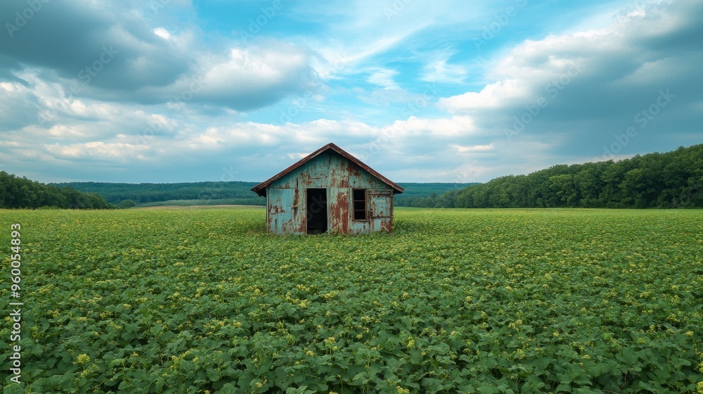 Obraz premium Abandoned Rustic Barn in Green Field