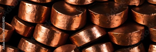 Pile copper ingots in shape circle isolated on black background and texture