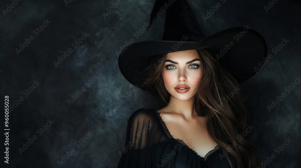 Enchanting witch with striking features wearing a classic black hat, exuding mysterious charm against a dark backdrop. Enchanting witch with striking features wearing a classic black hat, exuding mysterious charm against a dark backdrop.