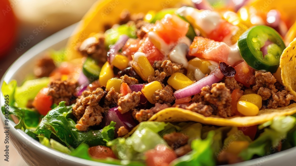 Taco salad, a salad topped with taco ingredients. Taco salad, a salad topped with taco ingredients.