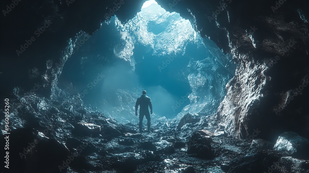 Fototapeta premium Cave Lost in Rainy Winter: The Discoverer's Journey Enveloped in Landslide