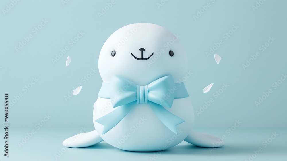 A cute cartoon seal with a blue bow is sitting on a light blue background. A cute cartoon seal with a blue bow is sitting on a light blue background.