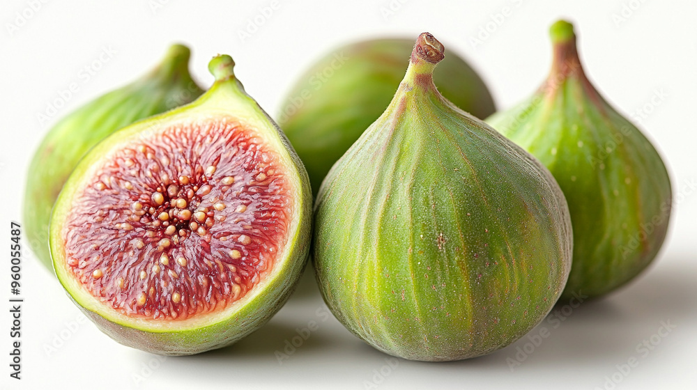 Fresh green figs displayed on a white background, showcasing their vibrant colors and juicy interior, perfect for culinary inspiration. Fresh green figs displayed on a white background, showcasing their vibrant colors and juicy interior, perfect for culinary inspiration.