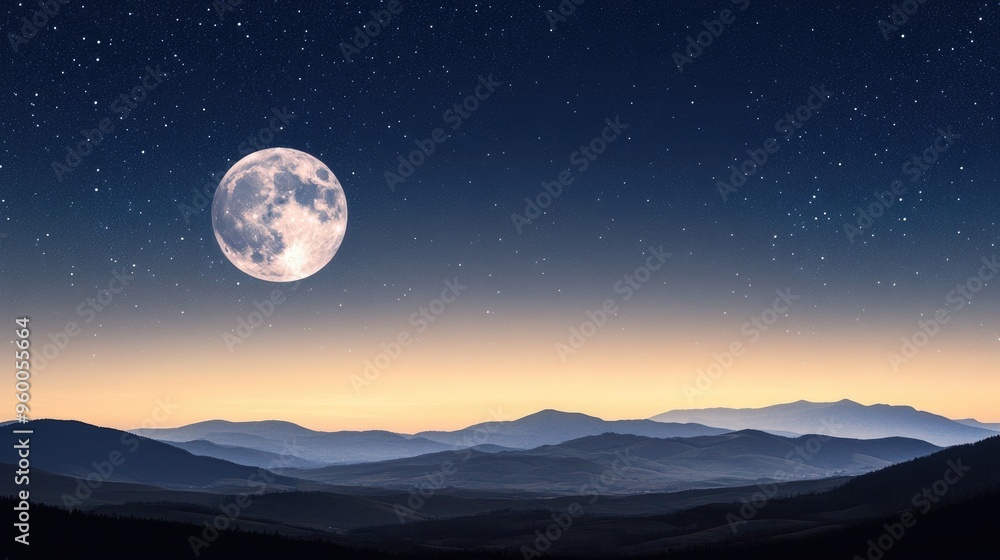 The full moon lights up a clear, starry sky with distant mountains silhouetted, creating a peaceful and serene night scene. The full moon lights up a clear, starry sky with distant mountains silhouetted, creating a peaceful and serene night scene.