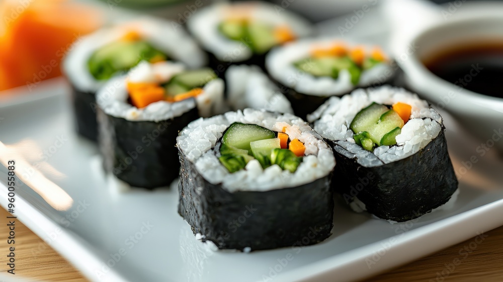 A beautifully arranged vegan sushi platter showcases rolls made with fresh vegetables, designed to meet gluten-free and low FODMAP dietary needs, perfect for health-conscious diners A beautifully arranged vegan sushi platter showcases rolls made with fresh vegetables, designed to meet gluten-free and low FODMAP dietary needs, perfect for health-conscious diners