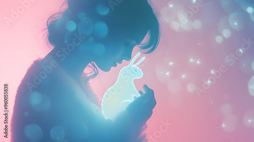  faceless humanoid with dark hair holding the glowing white silhouette of a rabbit