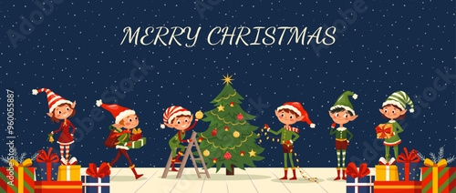 Winter holidays banner with elves and presents Vector templates with Santa Claus little helpers fun characters Cute kids design for print, party invitation, flyer, banner. Merry Christmas 2025 cover
