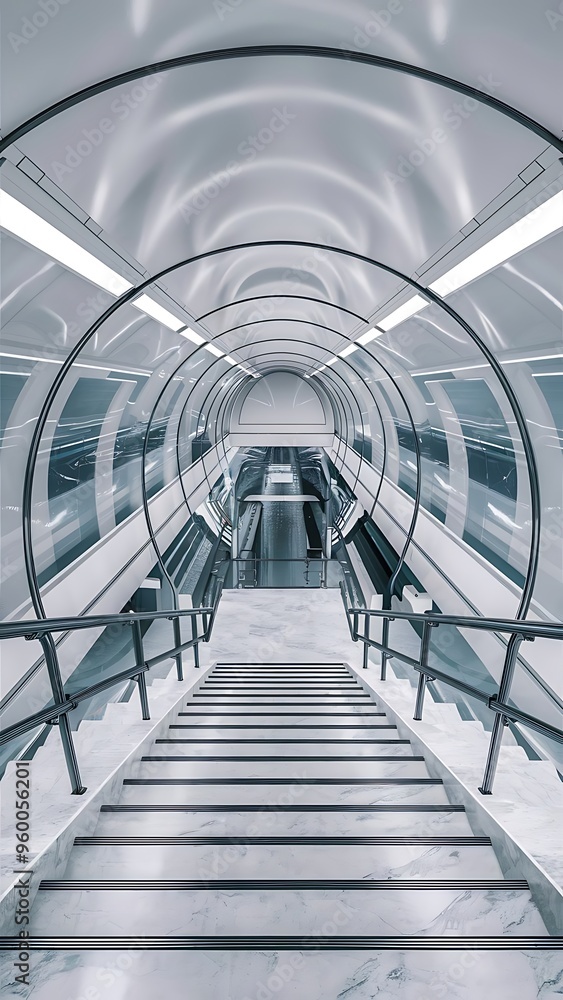 White metro subway underground tunnel interior with stairs. Transport concept. 3D Rendering White metro subway underground tunnel interior with stairs. Transport concept. 3D Rendering