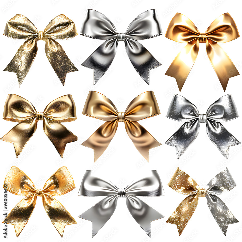 Collection of shiny gold and silver bows isolated on transparent background Collection of shiny gold and silver bows isolated on transparent background