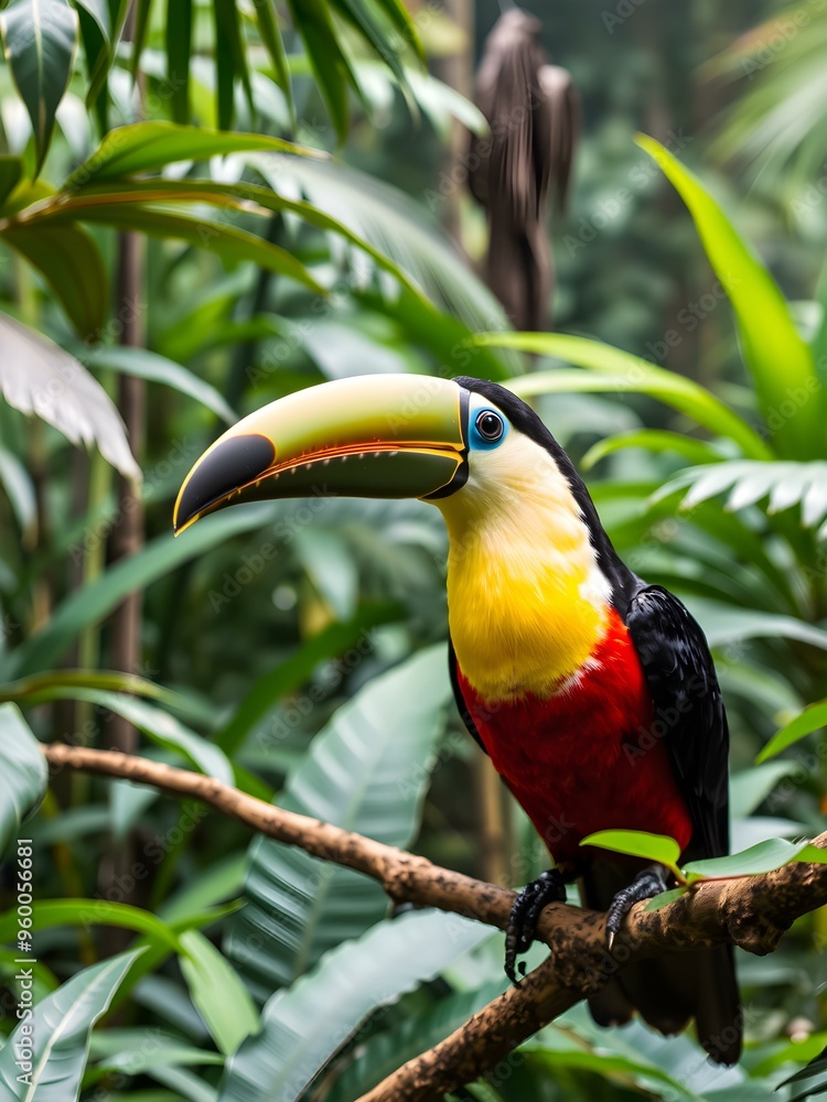 Obraz premium Colorful toucan in a lush jungle background