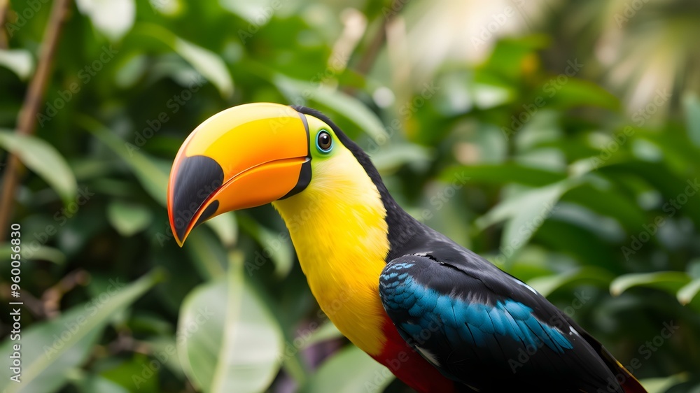 Fototapeta premium Colorful toucan in a lush jungle background