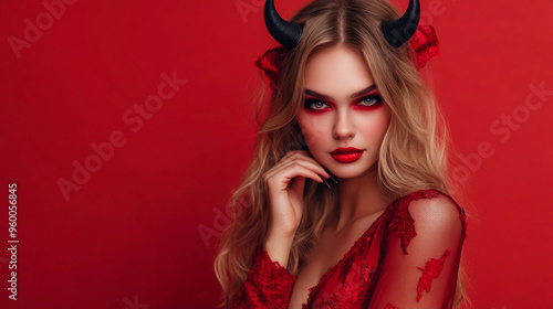 Glamorous devil woman in red attire, featuring playful horns and dramatic makeup against a vibrant red background.