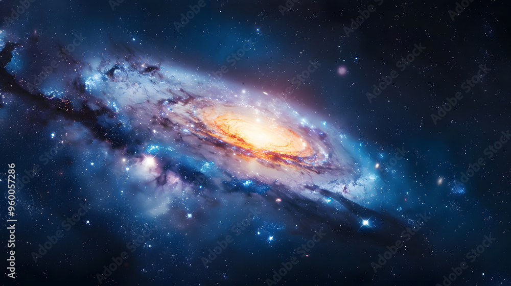Fototapeta premium A stunning view of a spiral galaxy with a bright, glowing center and swirling arms of stars and cosmic dust, showcasing the beauty and vastness of the universe.