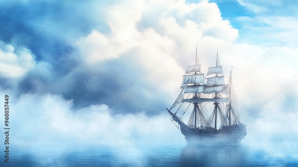 Fototapeta premium Ghostly ship sailing through mist