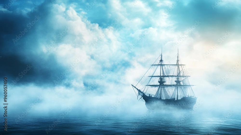 Ghostly ship sailing through mist Ghostly ship sailing through mist