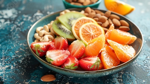 A plate of fresh fruit and nuts.