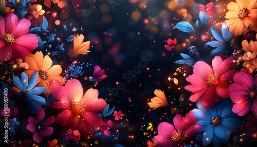 Vibrant flowers with a dark background and glittering lights.