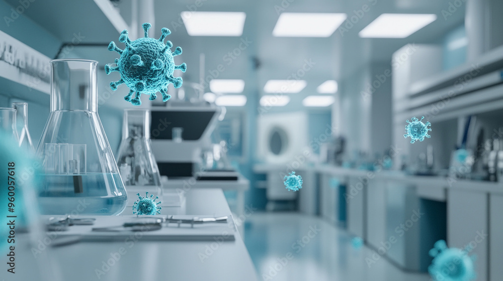 Modern laboratory with glassware and floating virus models representing scientific research and microbiology themes. Modern laboratory with glassware and floating virus models representing scientific research and microbiology themes.
