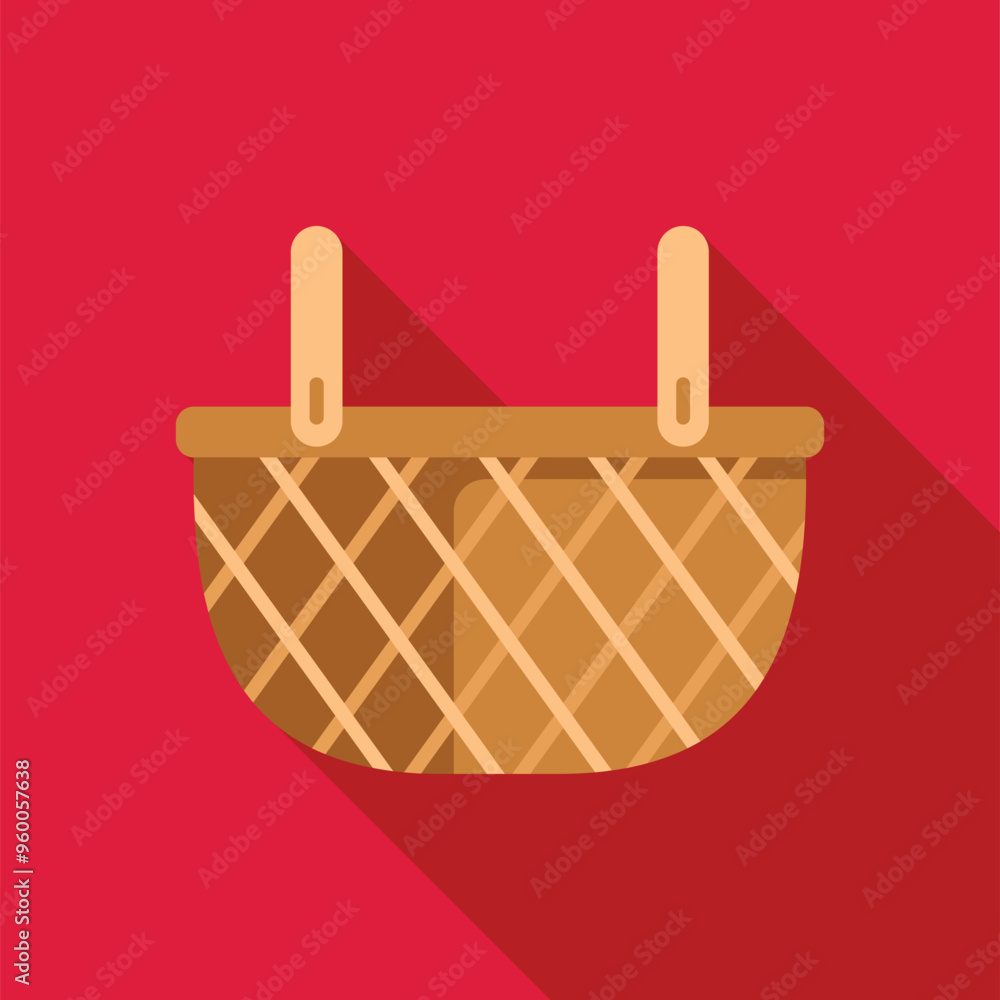 Empty picnic basket is hanging on a red background, casting a long shadow Empty picnic basket is hanging on a red background, casting a long shadow