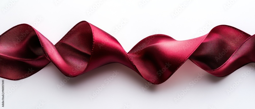A Crimson Satin Ribbon Curving and Twisting Against a White Background A Crimson Satin Ribbon Curving and Twisting Against a White Background