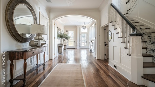 Elegant foyer with a console table and statement mirror 