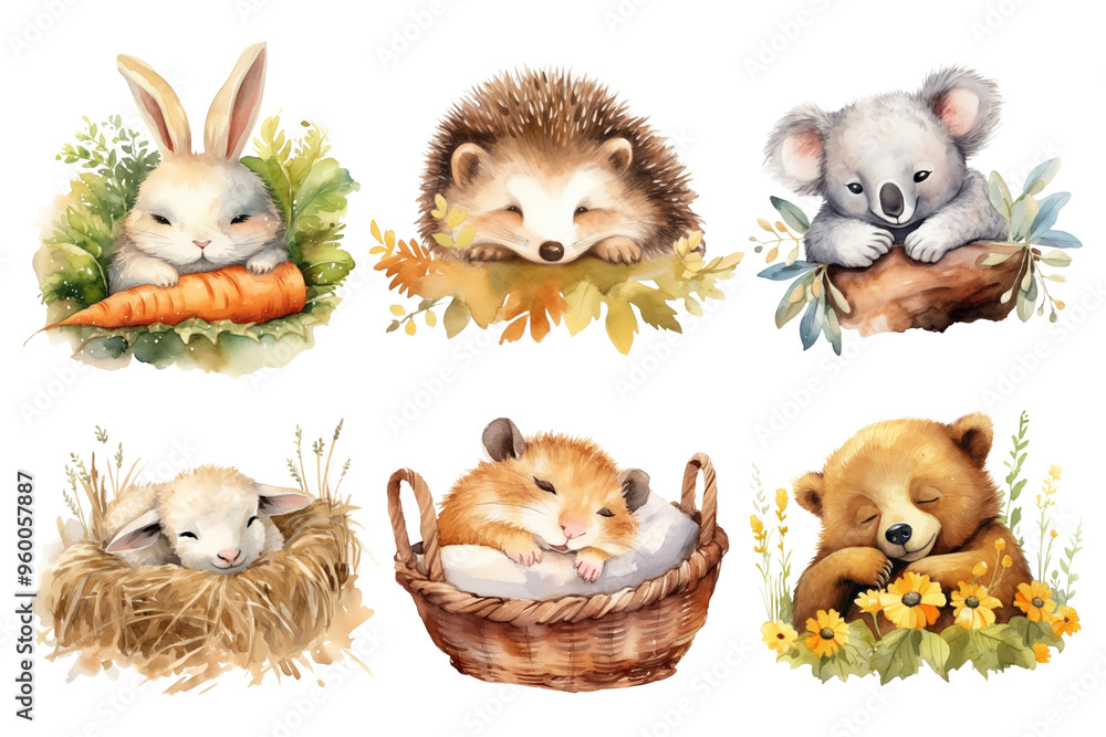 Fototapeta premium PNG Watercolor sleeping animal illustration element set, transparent background