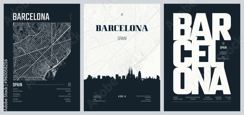 Set of travel posters with Barcelona, detailed urban street plan city map, Silhouette city skyline, vector artwork, set 2