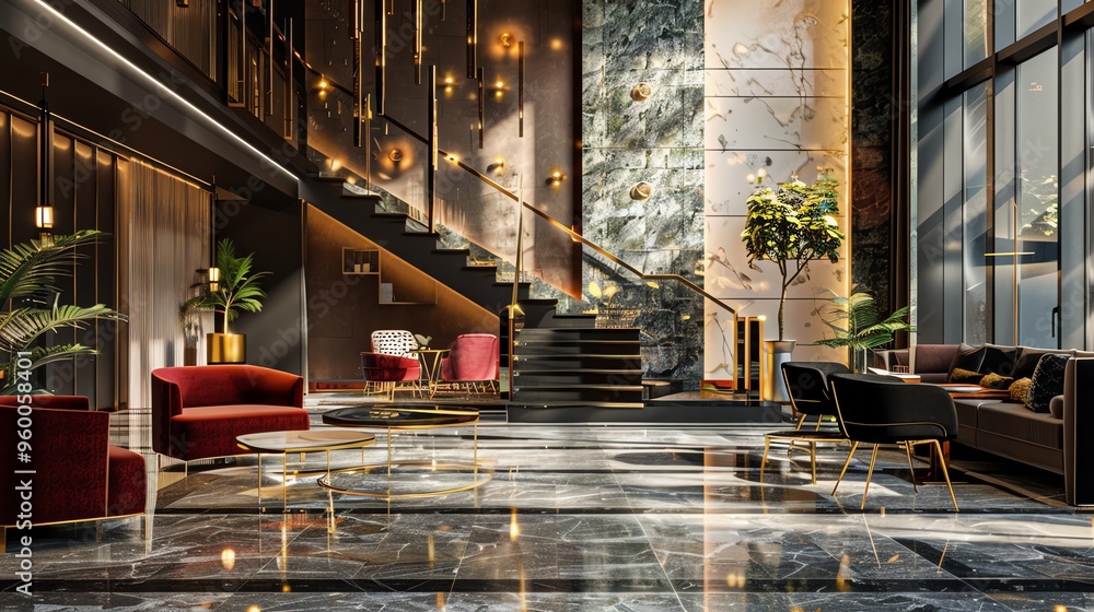 A modern luxury hotel lobby with a grand staircase, plush seating, and ...