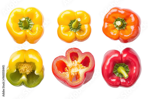 Assortment of Whole and Sliced Bell Peppers on Transparent Background