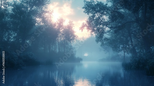 Serene Morning Mist Over Forest Lake