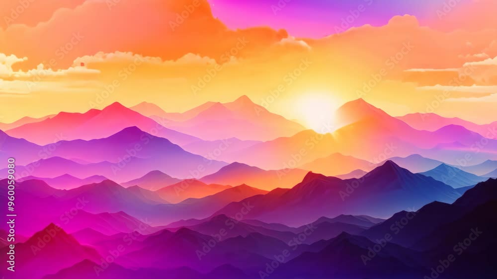 Landscape with mountains and sunset. Vector illustration. Eps 10, Enchanting mountain range with vibrant color gradient peaks Landscape with mountains and sunset. Vector illustration. Eps 10, Enchanting mountain range with vibrant color gradient peaks