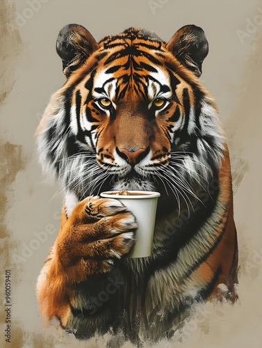 A tiger is holding a coffee cup in its paw photo