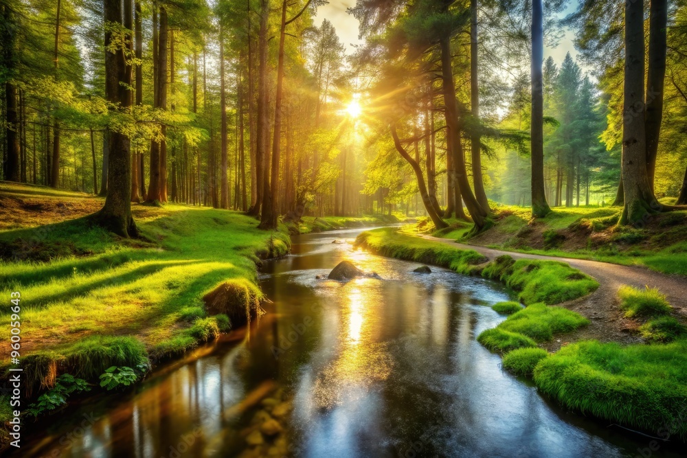 Panoramic Nature View Of A Small, Winding River Flowing Through A Vibrant Green Forest With The Sunlight Shining Brightly Above. Panoramic Nature View Of A Small, Winding River Flowing Through A Vibrant Green Forest With The Sunlight Shining Brightly Above.