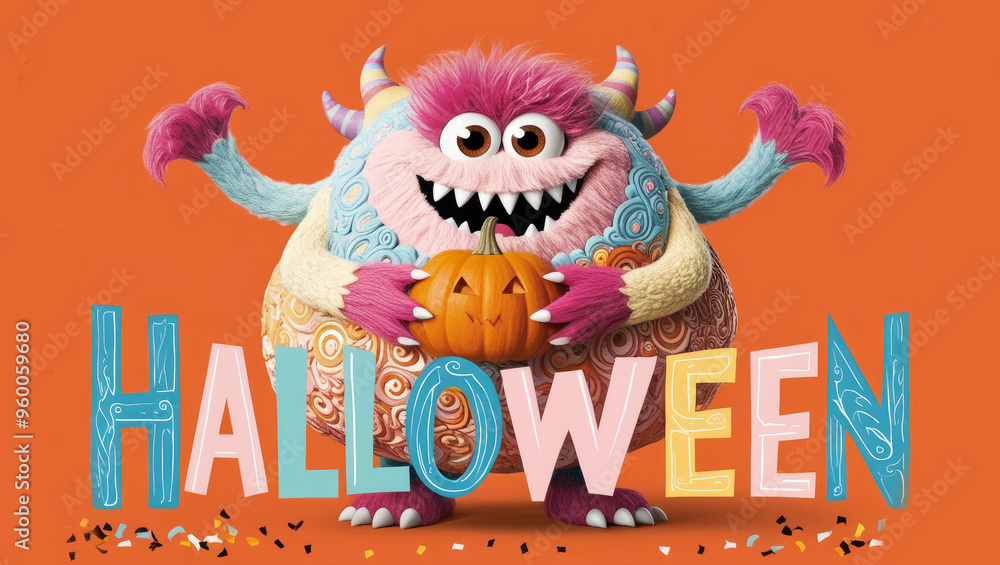 Cute cartoon monster holding a pumpkin on orange background with text 'Halloween Cute cartoon monster holding a pumpkin on orange background with text 'Halloween