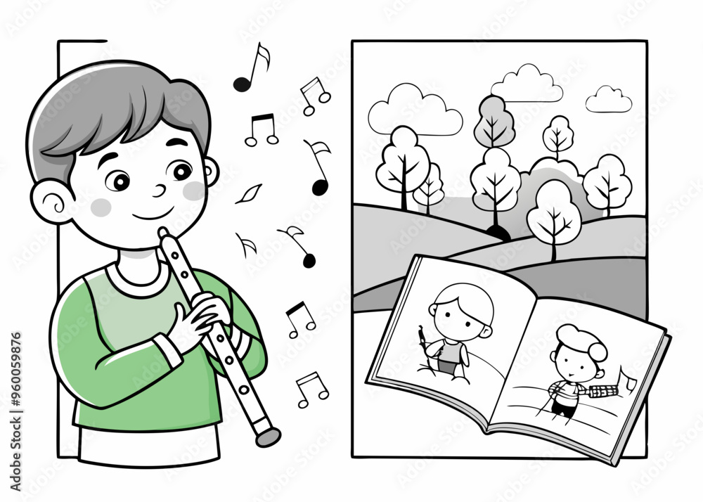 Black and white vector illustration of children's activity coloring book pages with pictures of Instrument flute
Black and white vector illustration of children's activity coloring book pages with pictures of Instrument flute