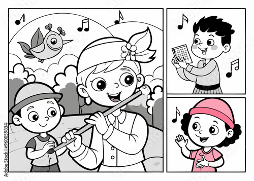 Black and white vector illustration of children's activity coloring book pages with pictures of Instrument flute
