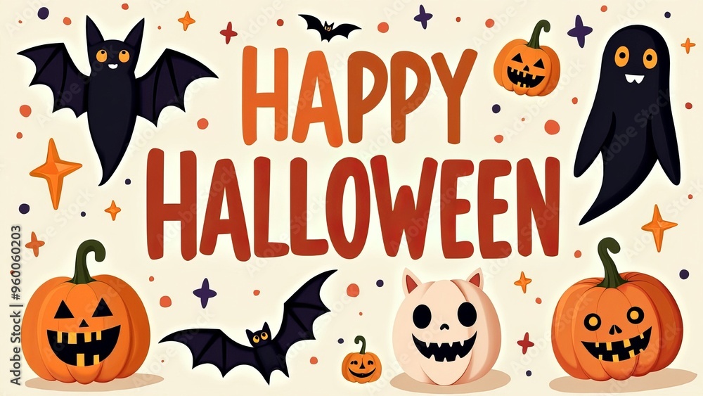 Cute Halloween Poster with Pumpkins, Ghosts, and Bats for Festive Decoration Cute Halloween Poster with Pumpkins, Ghosts, and Bats for Festive Decoration