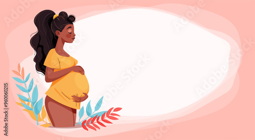 Pregnancy banner, pregnant black woman vector illustration in cute cartoon style