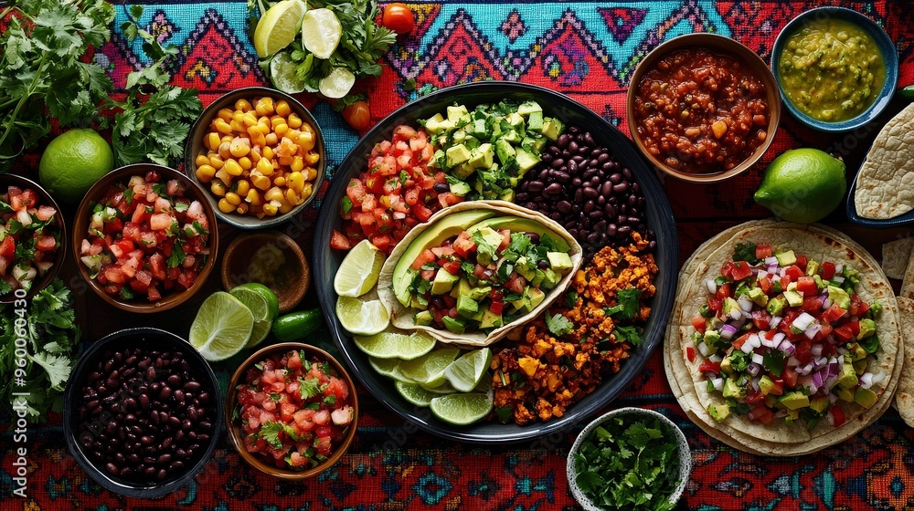A colorful arrangement of vegan tacos showcases various toppings and sides, including fresh vegetables, salsas, and garnishes, perfect for a healthy gathering A colorful arrangement of vegan tacos showcases various toppings and sides, including fresh vegetables, salsas, and garnishes, perfect for a healthy gathering