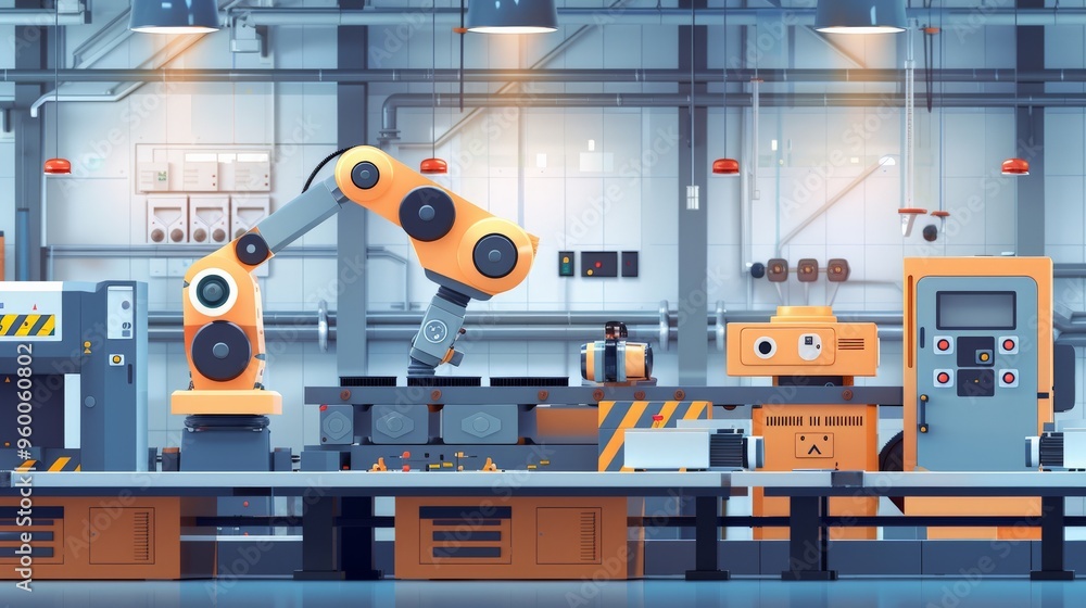Scene of a worker overseeing automated production line flat design side view precision engineering theme 3D render Tetradic color scheme Scene of a worker overseeing automated production line flat design side view precision engineering theme 3D render Tetradic color scheme