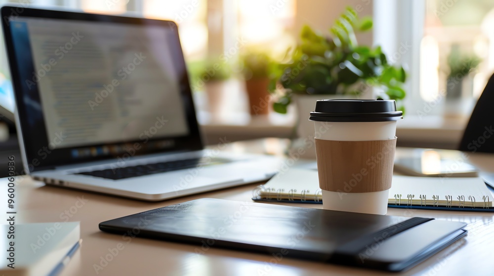 A laptop, a coffee cup, and a notebook on a wooden desk. A laptop, a coffee cup, and a notebook on a wooden desk.