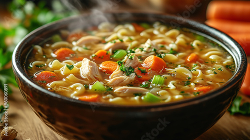 A bowl of chicken soup with noodles, carrots, and vegetables. The food is steaming hot in the bowl, garnished with fresh herbs