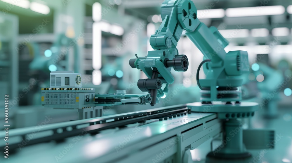 Scene of a worker overseeing automated production line flat design side view precision engineering theme 3D render Tetradic color scheme Scene of a worker overseeing automated production line flat design side view precision engineering theme 3D render Tetradic color scheme